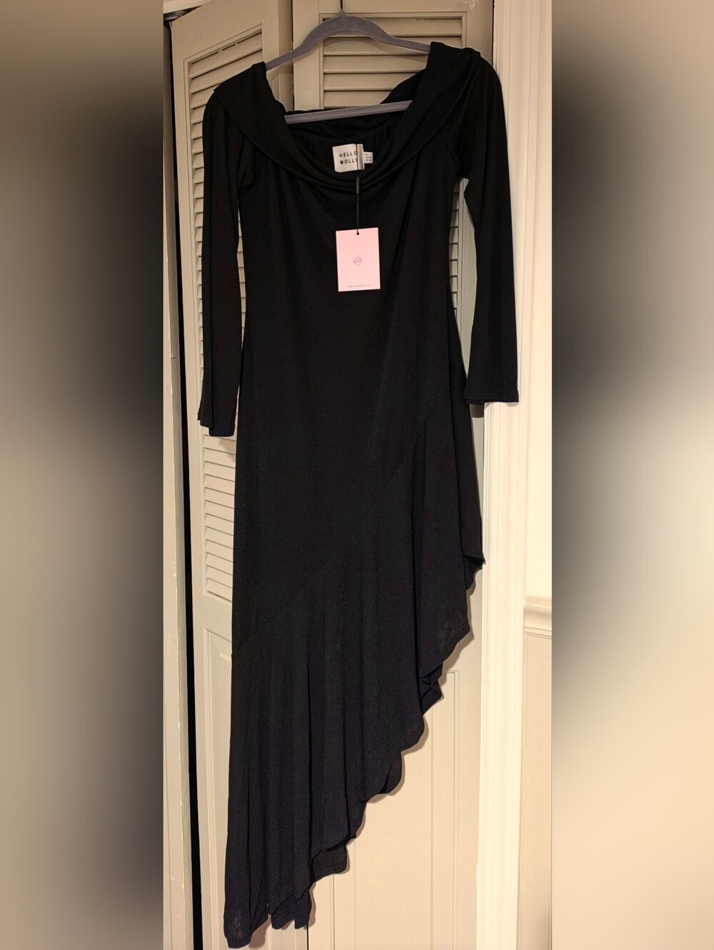 Hello Molly Black Asymmetrical Off-Shoulder Long Sleeve Sheer Dress Size 10